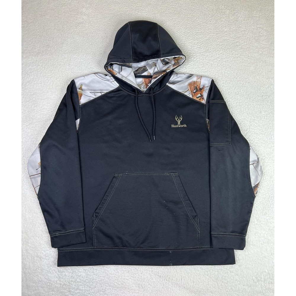 Huntworth Hoodie Mens Large Black Camo Fleece Pullover Kangaroo Pocket Hunting